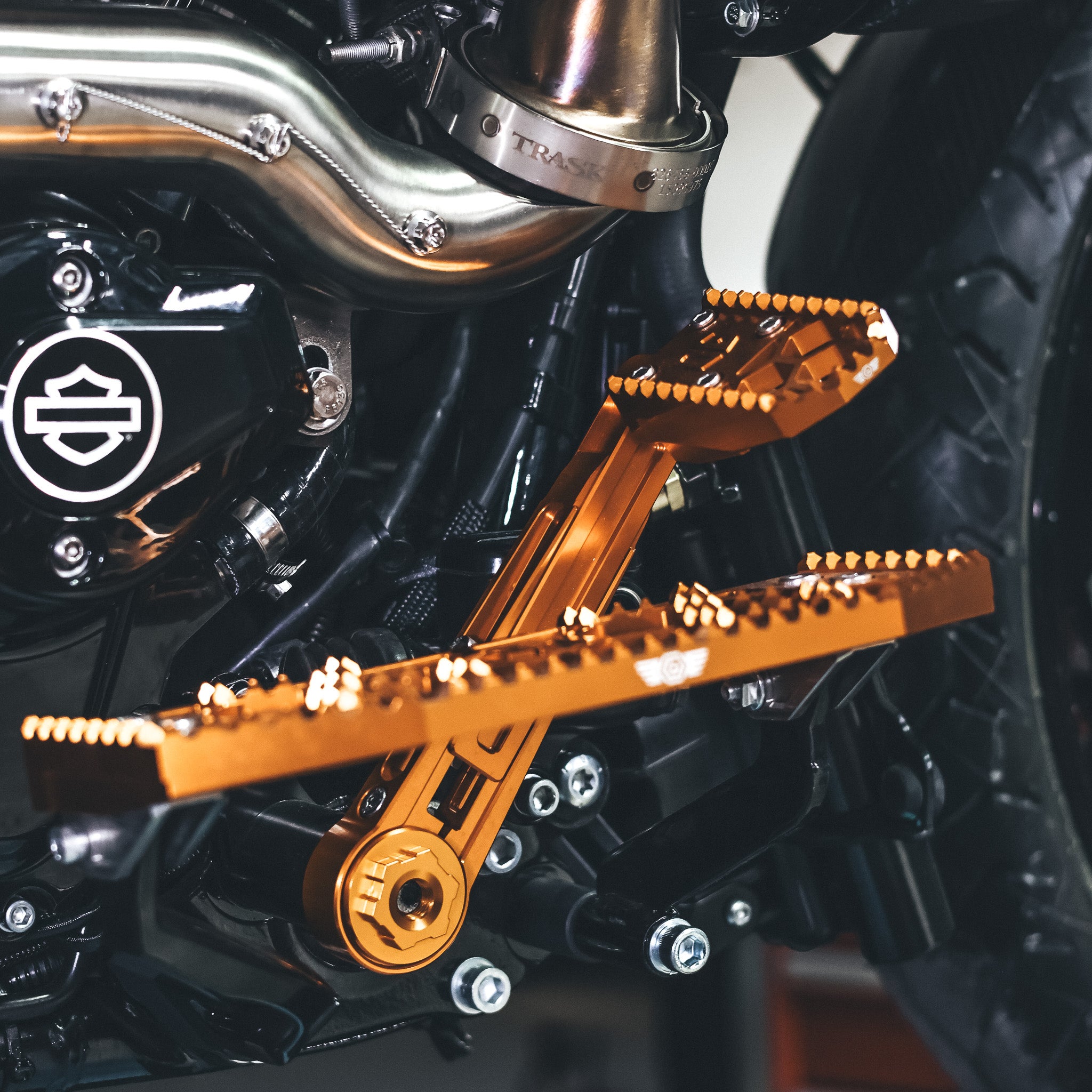 Original Garage Moto Adjustable Brake Arm for Harley Davidson Touring models installed on a 2024 Road Glide