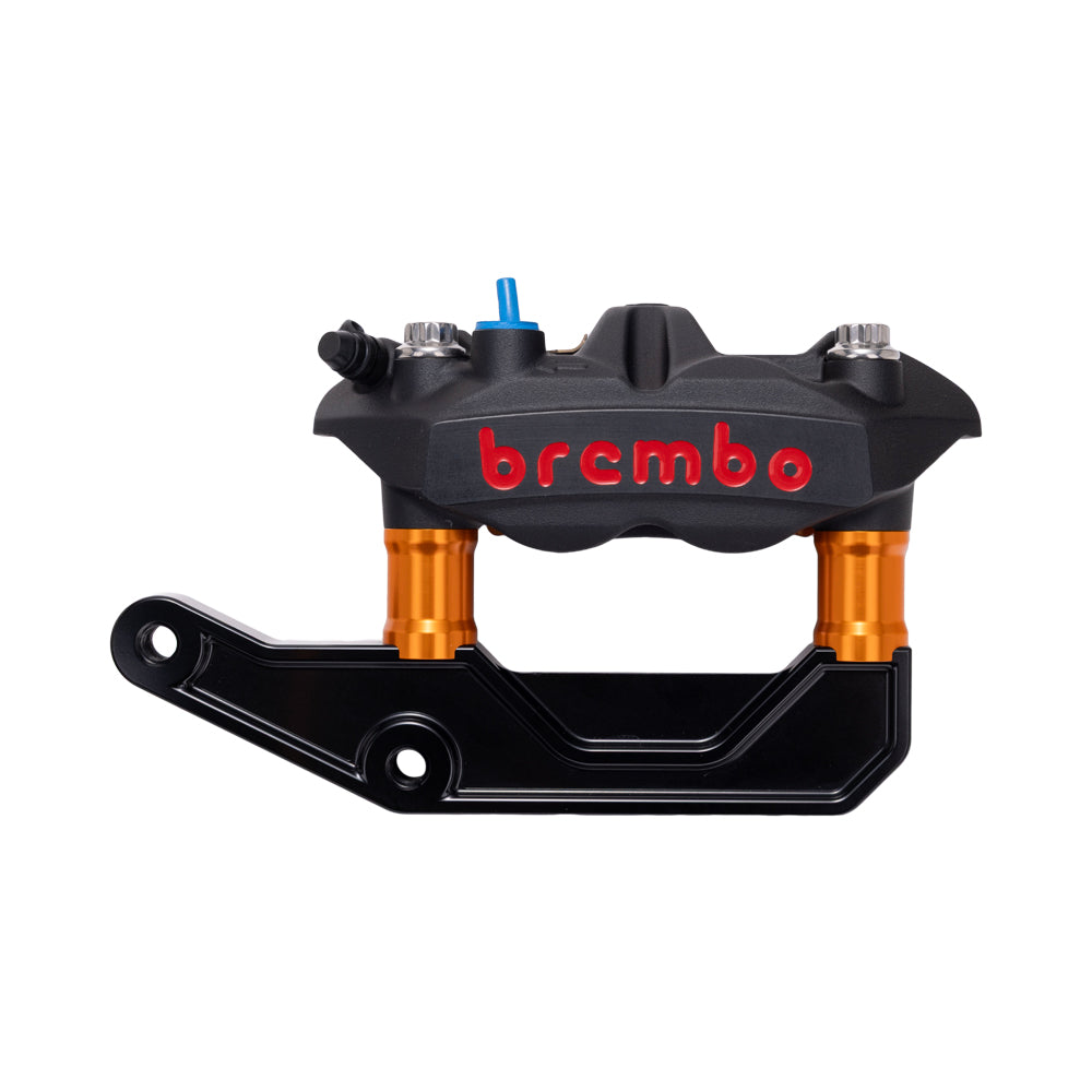 Black Brembo 108mm M4 Monobloc Caliper with Orange 29mm Spacers and Black Radial Bracket