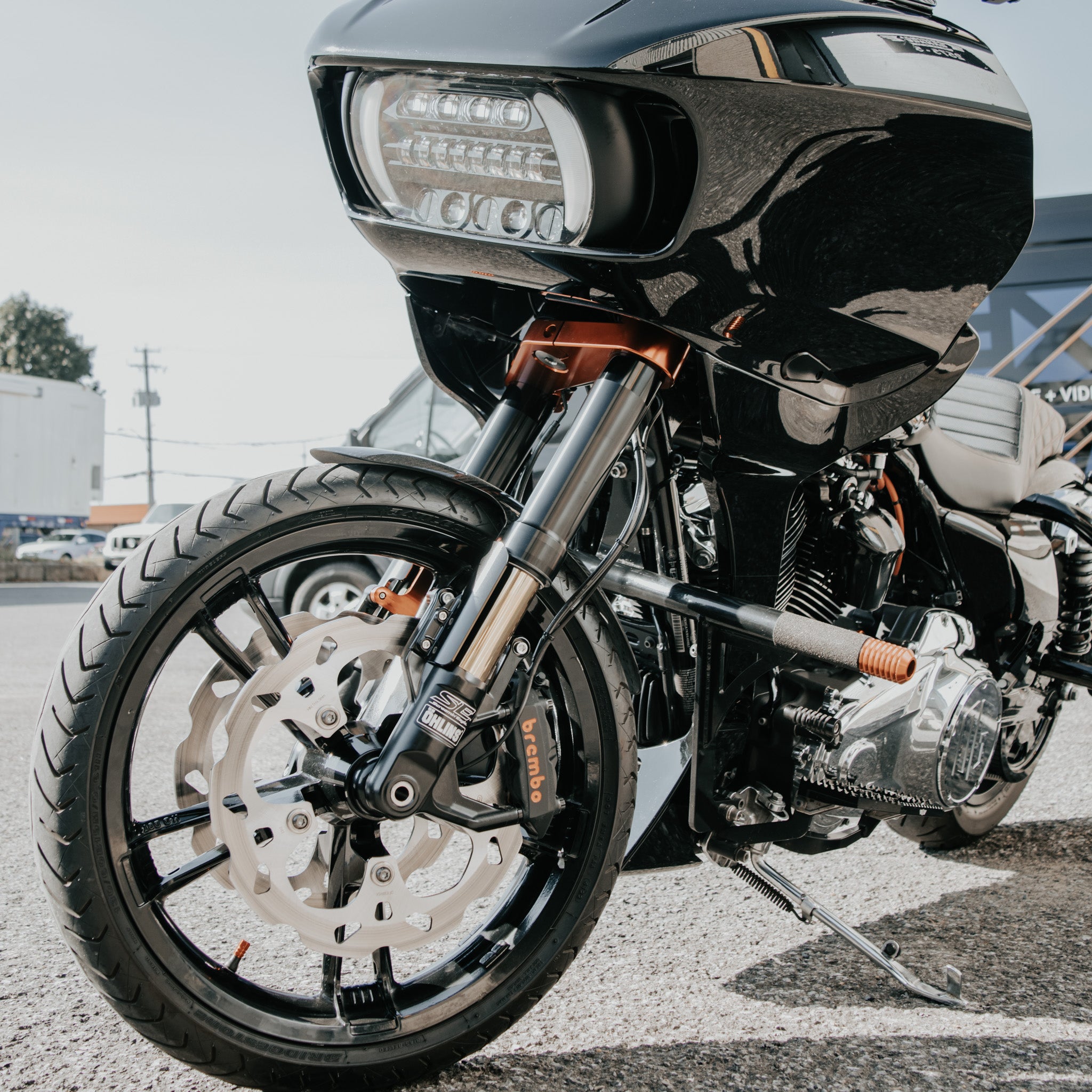 OG Red 2014-2023 Touring Inverted Front-End Upgrade kit installed on 2019 Road Glide FLTRX