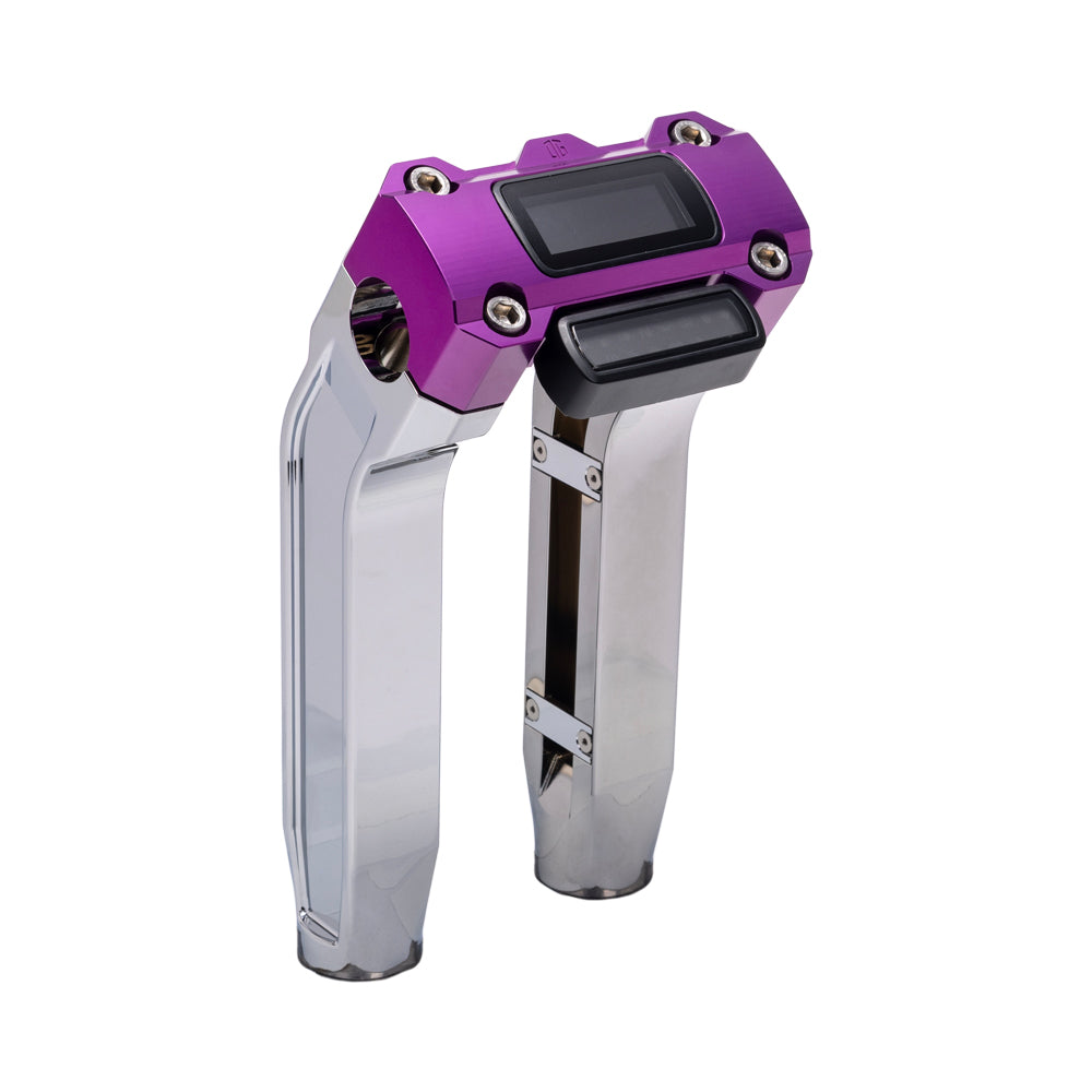 OG Chrome 8.5 inch Pull Back Risers with Purple Digital Gauge Cut Out Top Clamp
