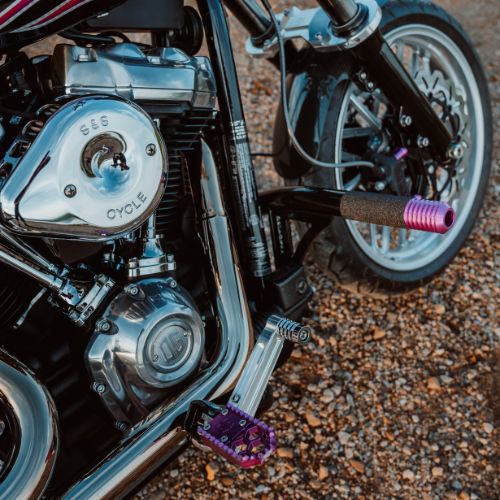 Purple Mini Foot Pegs Installed on a Harley Davidson M8 Softail