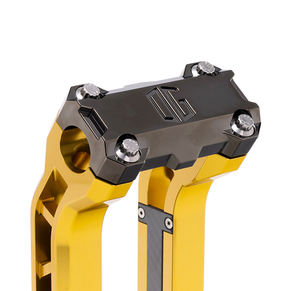 OG Black Chrome Performance Top Clamp on OG Gold Performance Riser Legs