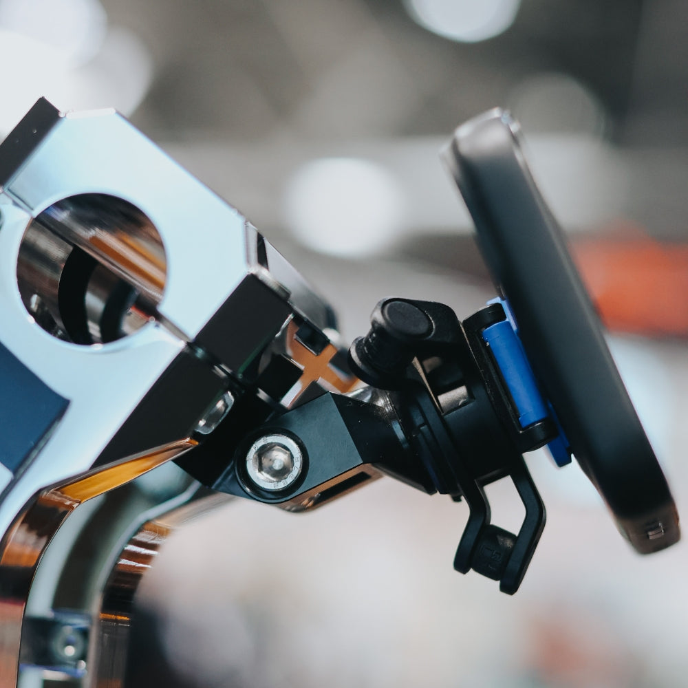 OG Quad Lock Cell Phone Mount installed on a Risers set view from the side to see the mounting