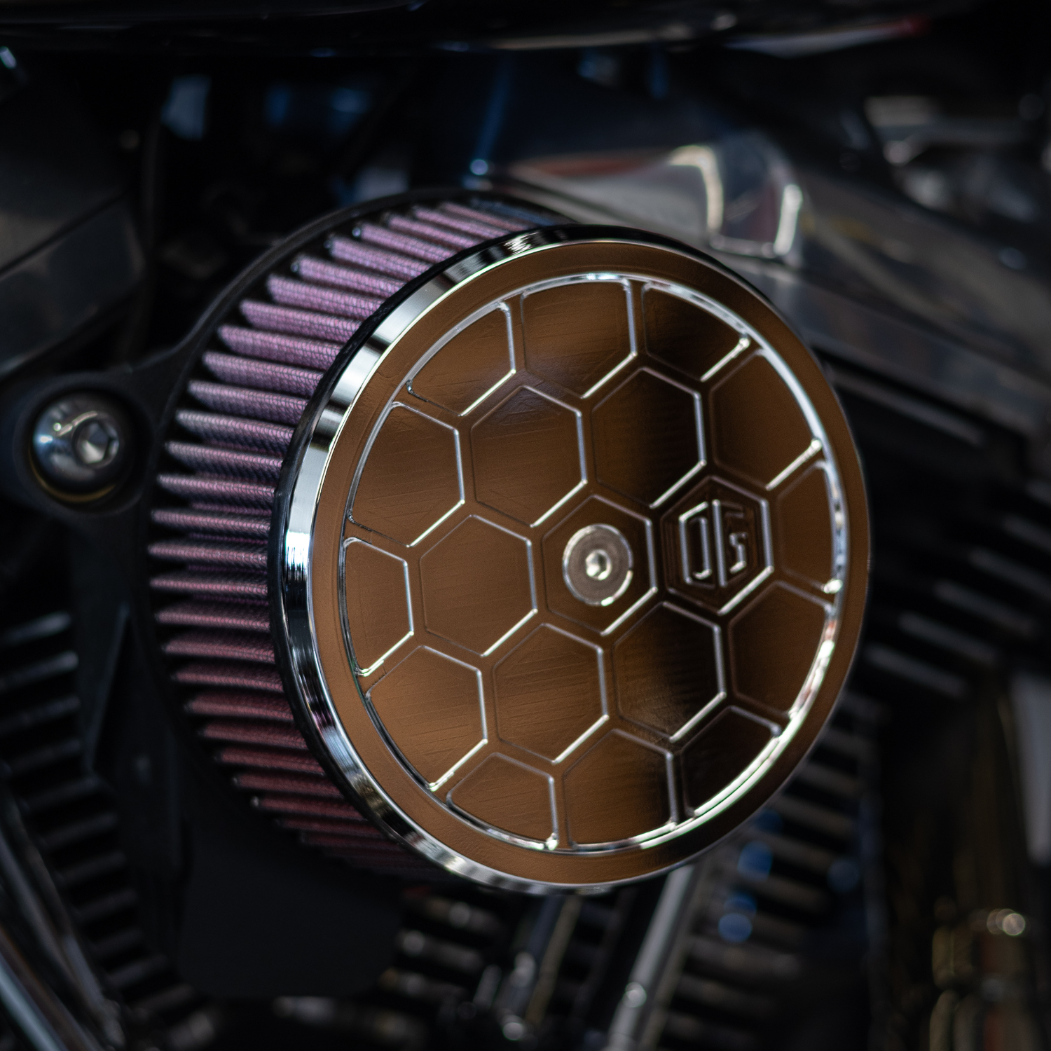 OG Chrome Round Air Cleaner Cover HoneyComp installed on a Harley-Davidson