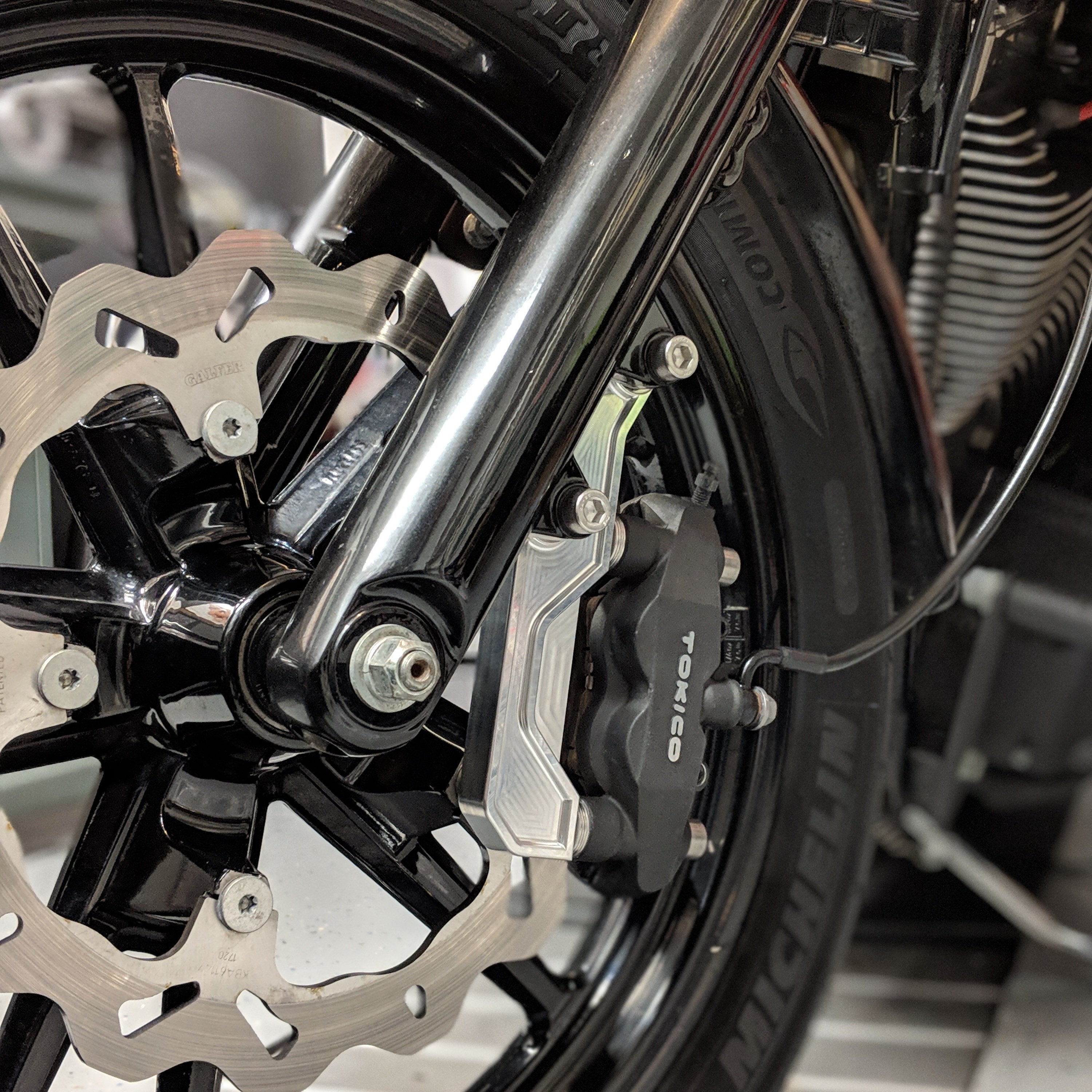 Front Radial Brake Caliper Mount for Harley Davidson installed on 2015 Dyna Low Rider FXDL