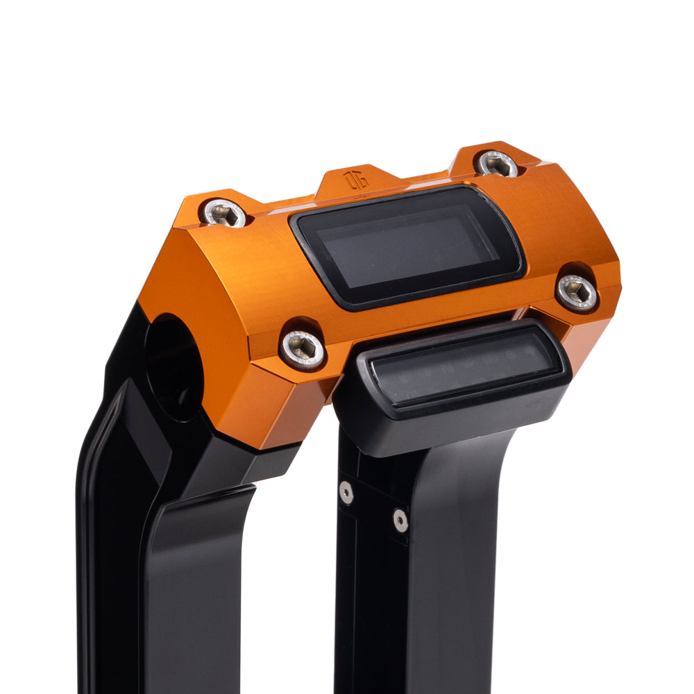 OG Black 10.5 inch Pull Back Risers with Orange Digital Gauge Cut Out Top Clamp
