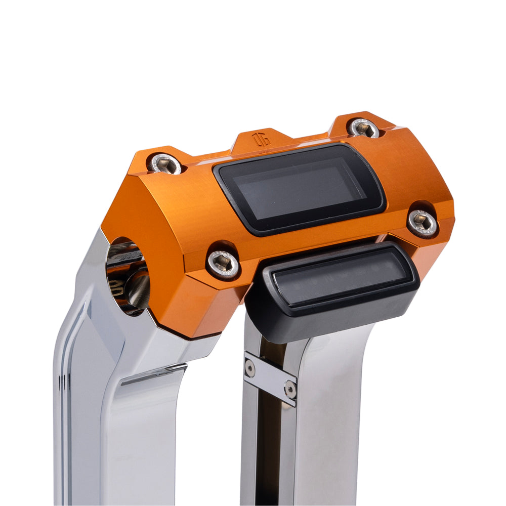 OG Chrome 10.5 inch Pull Back Risers with Orange Digital Gauge Cut Out Top Clamp