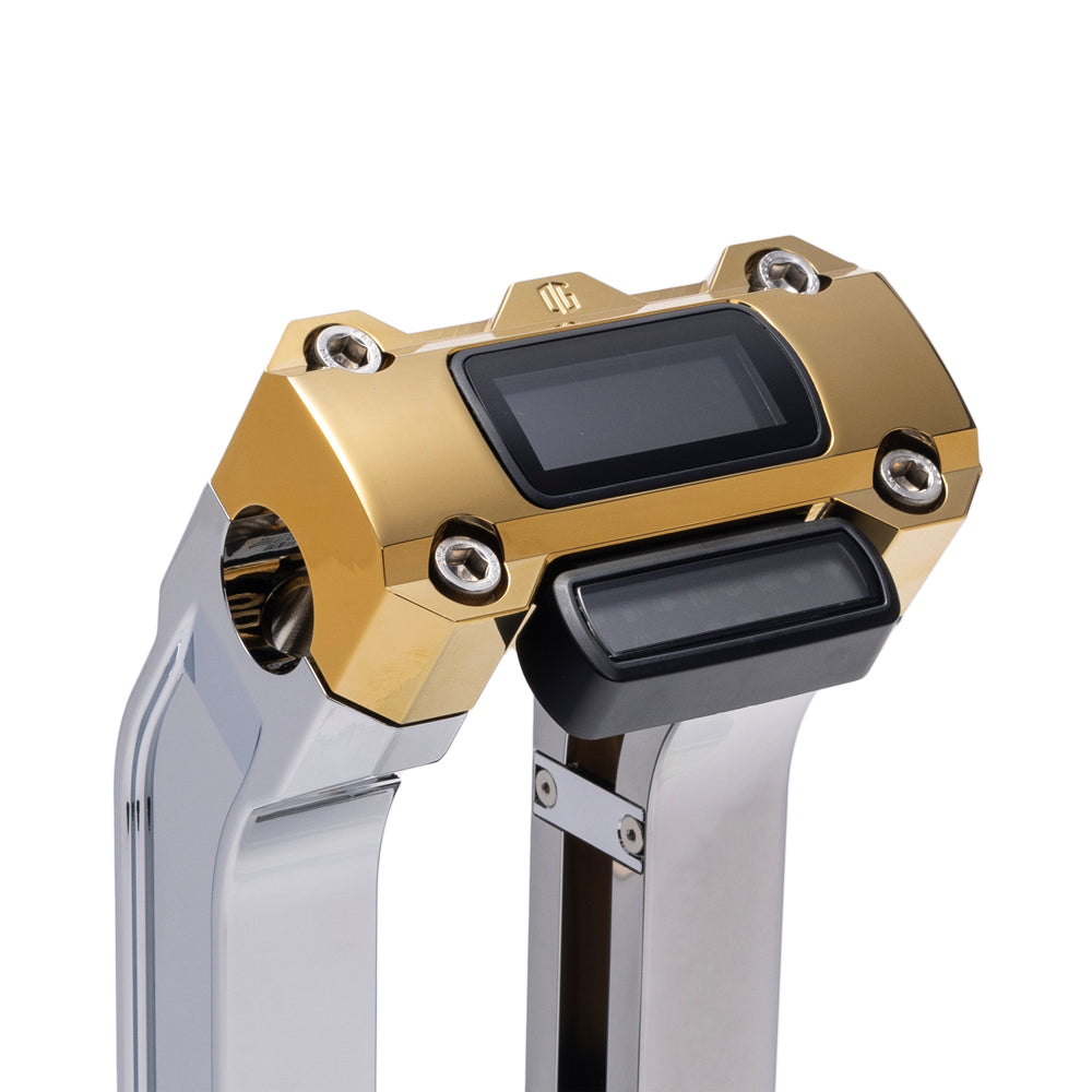 OG Chrome 10.5 inch Straight Risers with Gold Plating Digital Gauge Cut Out Top Clamp