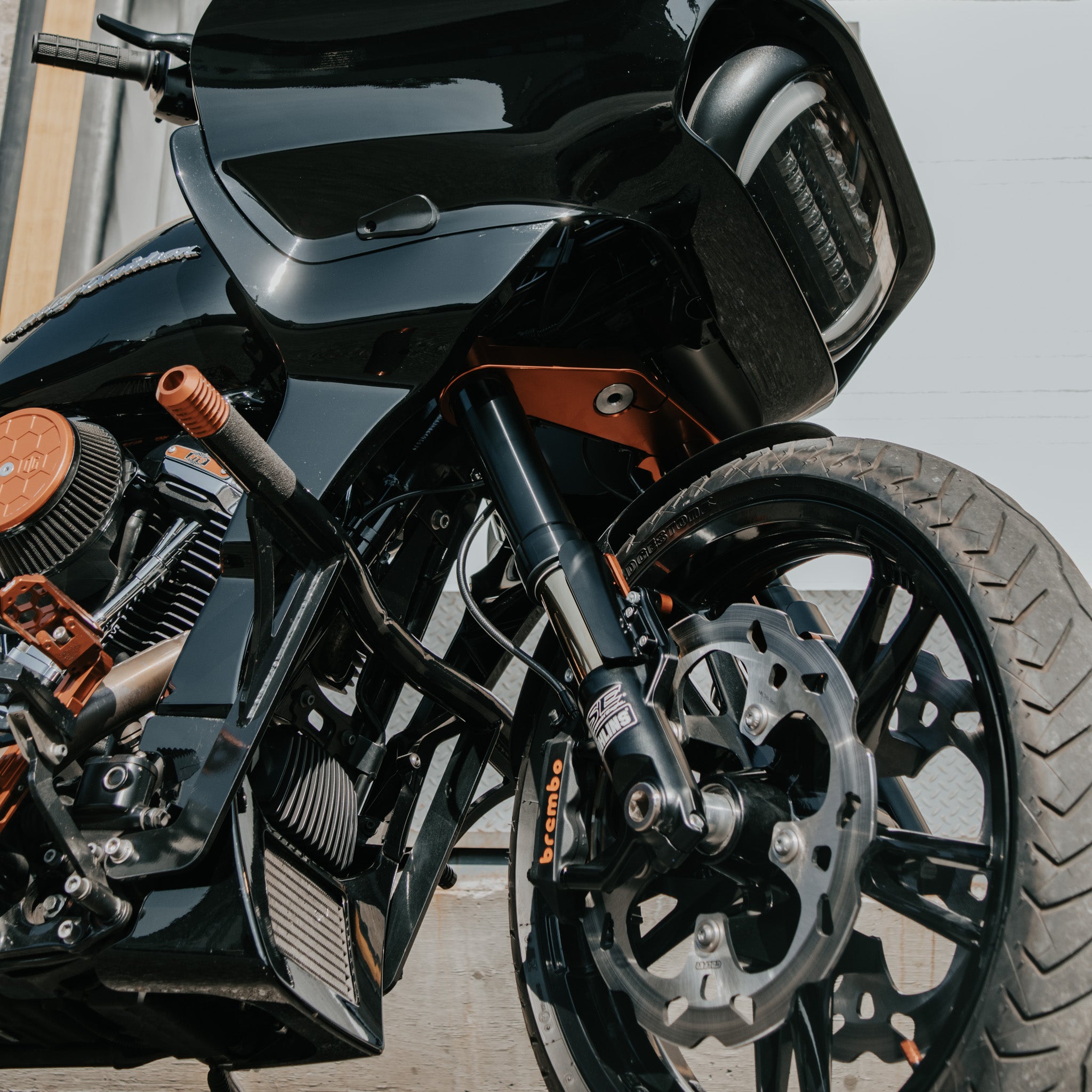 OG Red 2014-2023 Touring Inverted Front-End Upgrade kit installed on 2019 Road Glide FLTRX