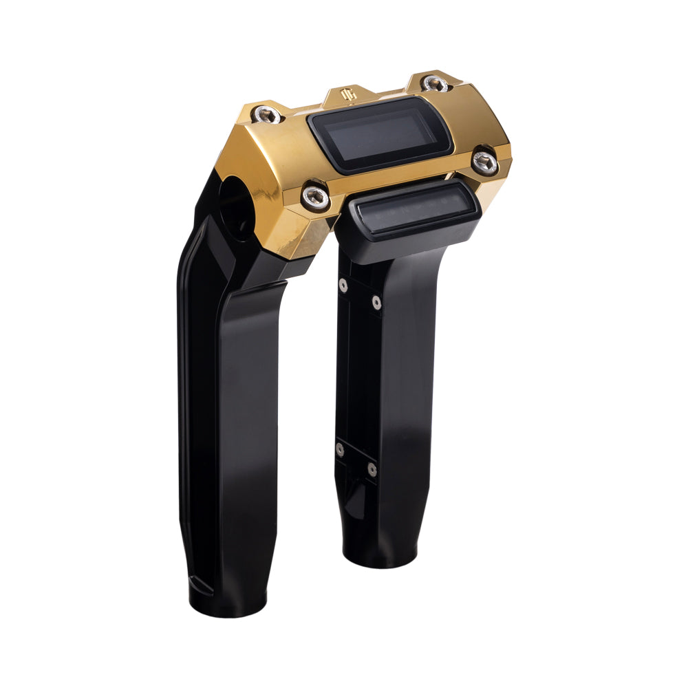 OG Black 8.5 inch Pull Back Risers with Gold Plating Digital Gauge Cut Out Top Clamp
