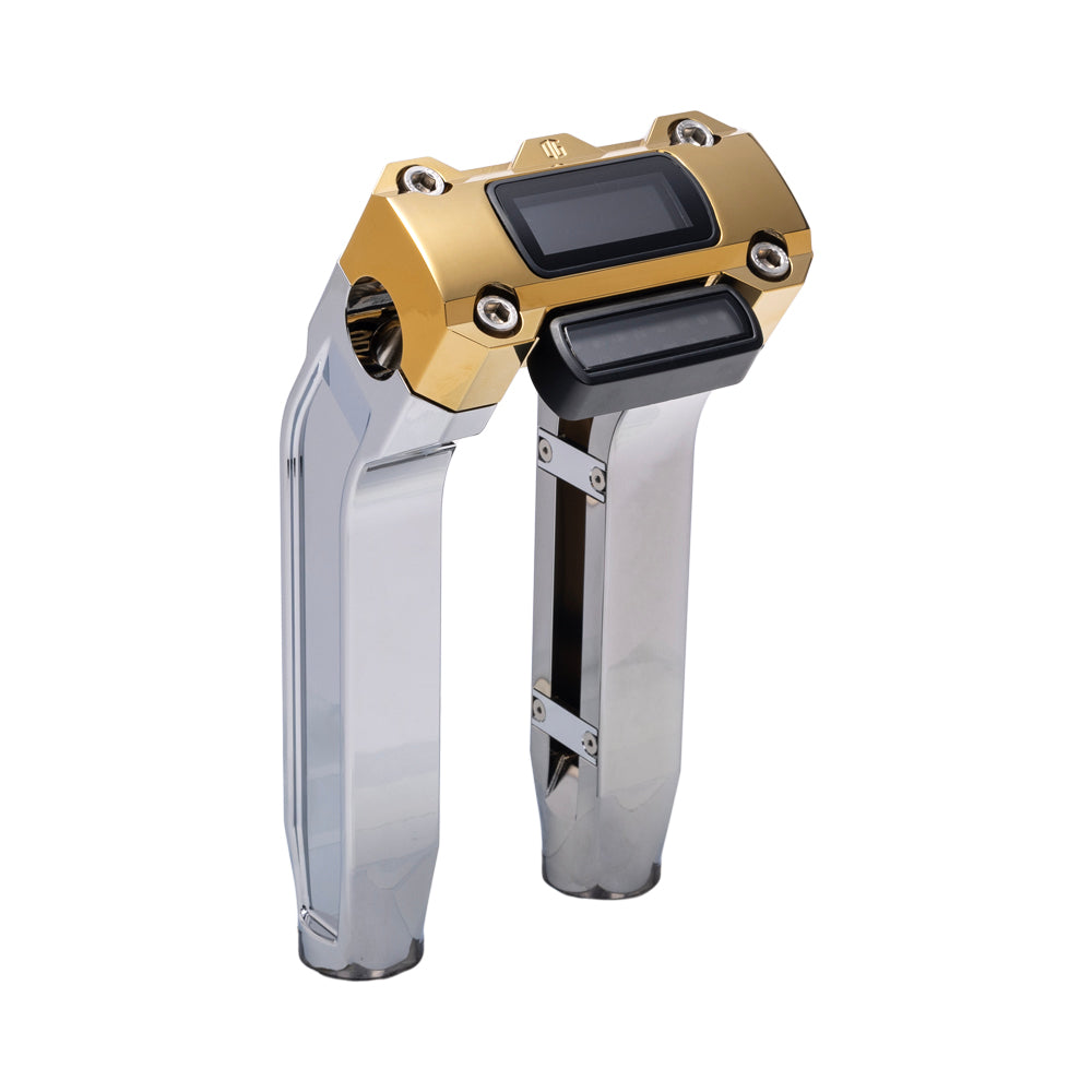 OG Chrome 8.5 inch Pull Back Risers with Gold Plating Digital Gauge Cut Out Top Clamp