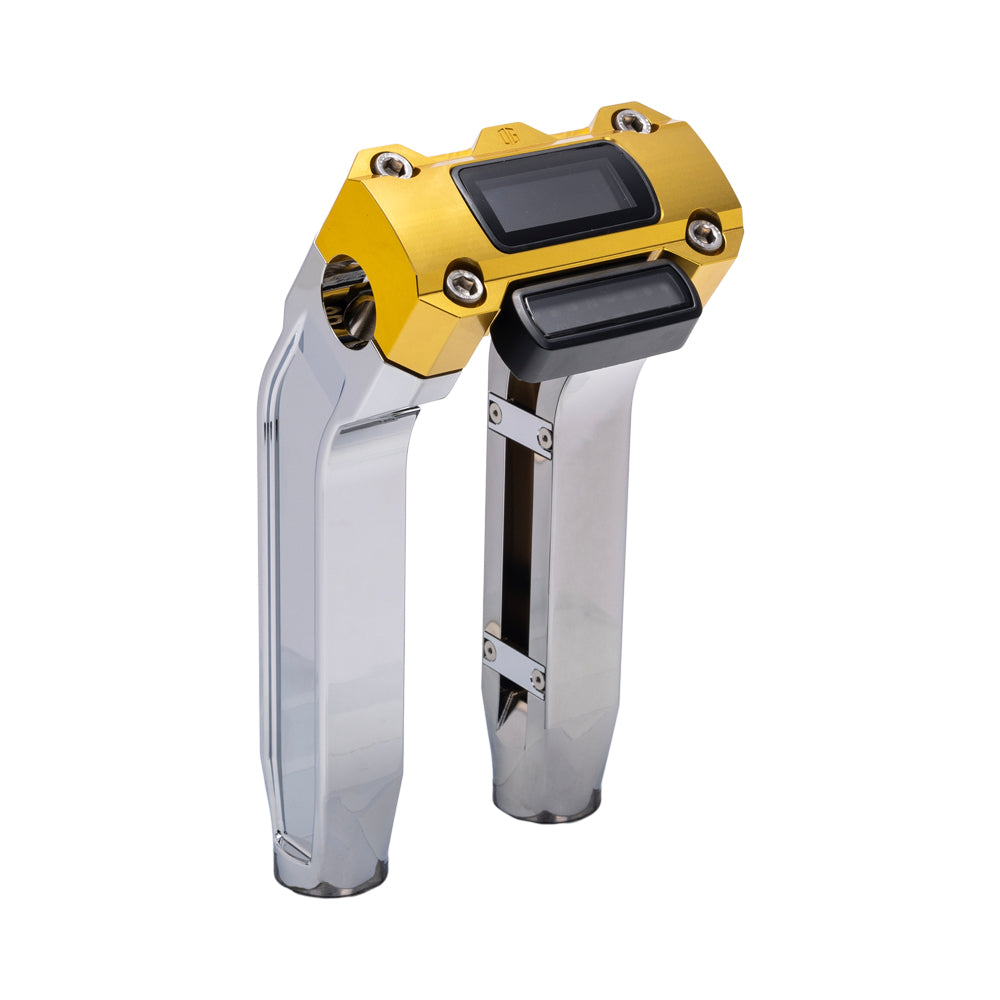 OG Chrome 8.5 inch Pull Back Risers with Gold Digital Gauge Cut Out Top Clamp