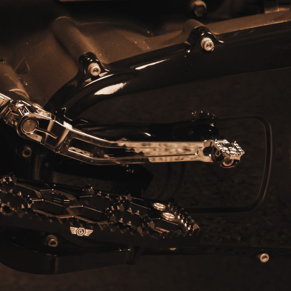 Chrome OG Adjustable Heel Shift Lever for Harley-Davidson Touring Models installed on a 2012 Road Glide Custom Turbo