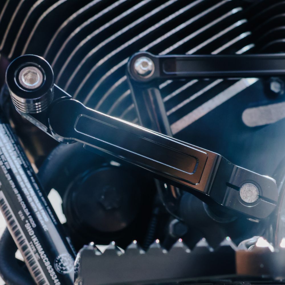 Black Anodized OG Adjustable Shift Lever for Harley-Davidson Touring Models installed on a 2012 Road Glide Custom Turbo