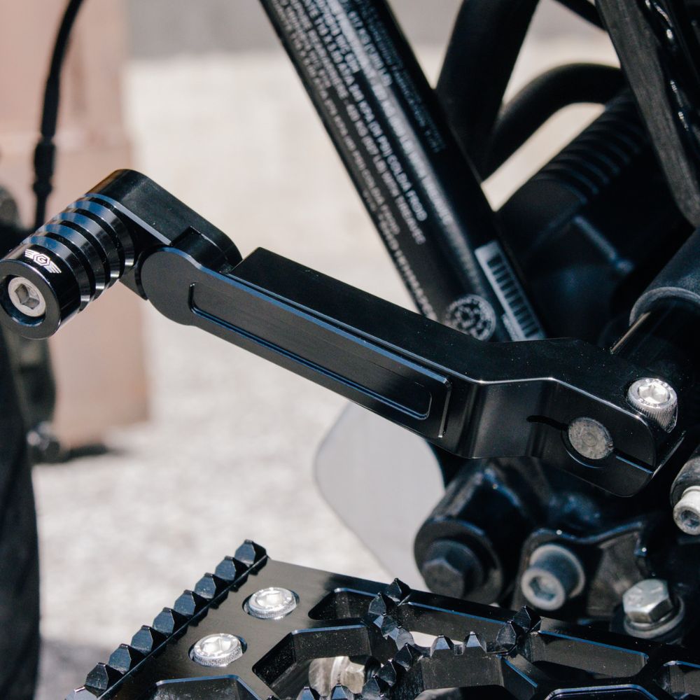 Black Anodized OG Adjustable Shift Lever for Harley-Davidson Touring Models installed on a 2012 Road Glide Custom Turbo