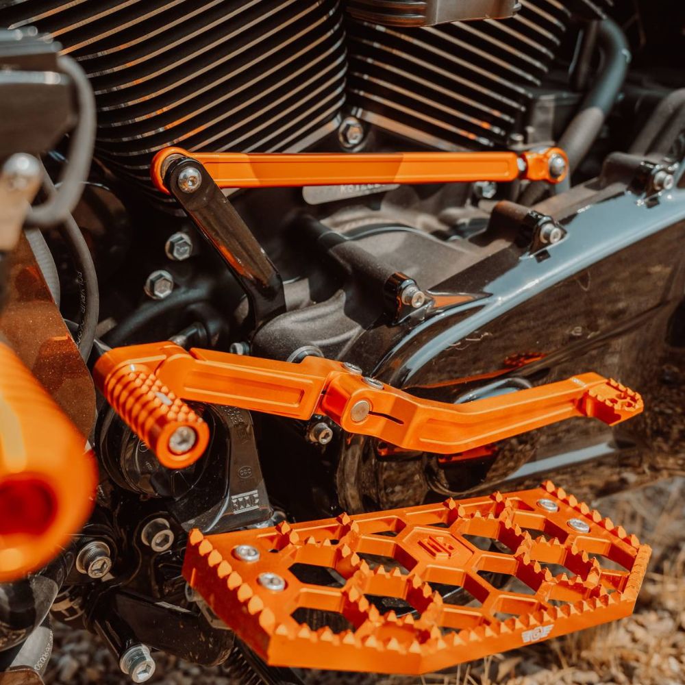 Anodized Orange OG Adjustable Shift Levers Complete kit for Harley-Davidson Touring Models installed on a 2024 Road Glide Turbo FLTR