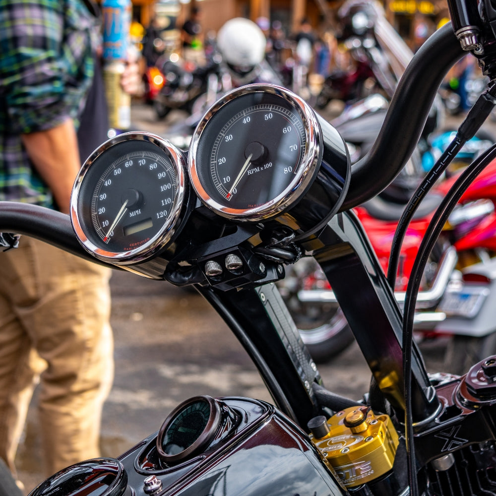 OG Dual Billet Gauge Pods installed on a Harley-Davidson with 8.5'' Pull Back Risers
