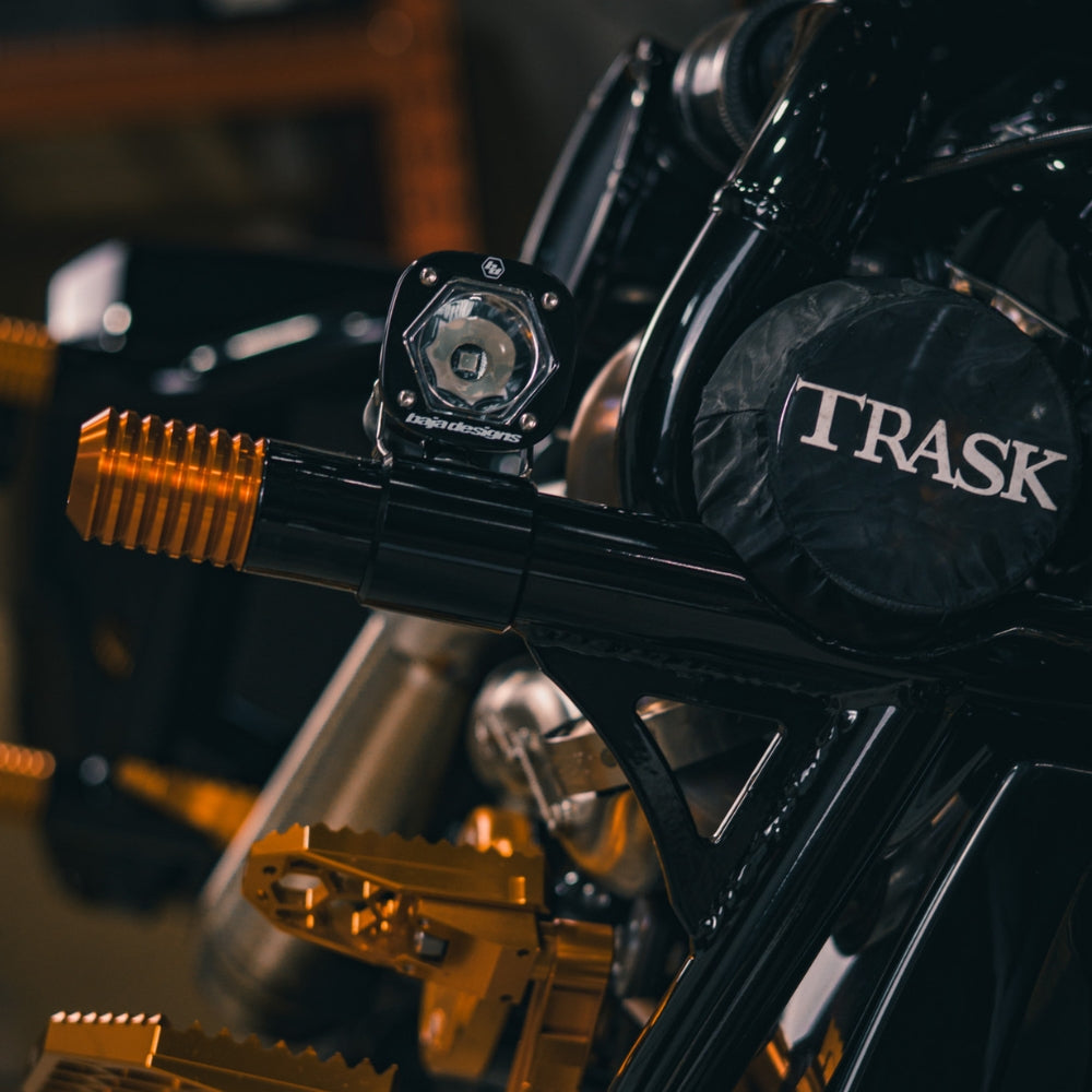 OG Fog Light Crash Bar Mounts with Baja Designs S1 Light Pods installed on FLTRX 2024 with OG Black Crash Bar for 2024-Up Bagger Front View