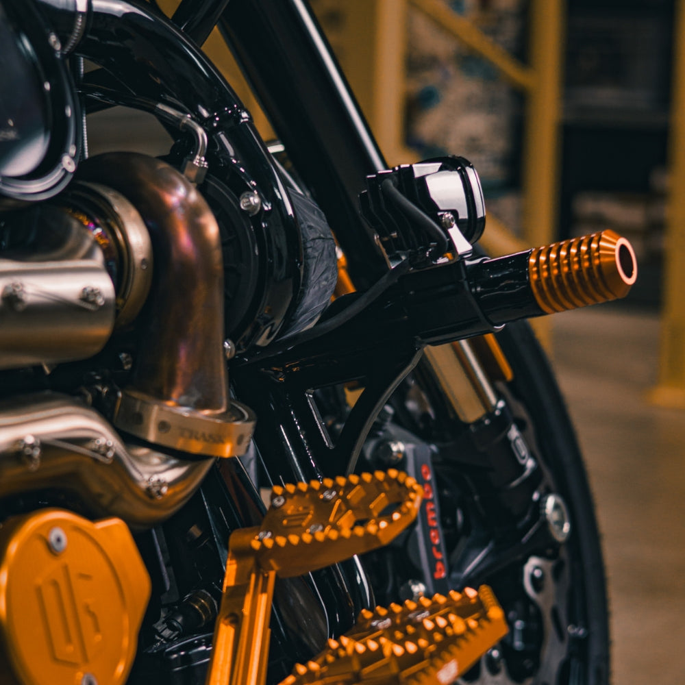 OG Fog Light Crash Bar Mounts with Baja Designs S1 Light Pods installed on FLTRX 2024 with OG Black Crash Bar for 2024-Up Bagger Rear View