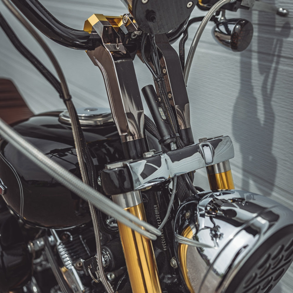 OG Fork Tube Extensions for 39mm Harley 2'' installed on a Sporster