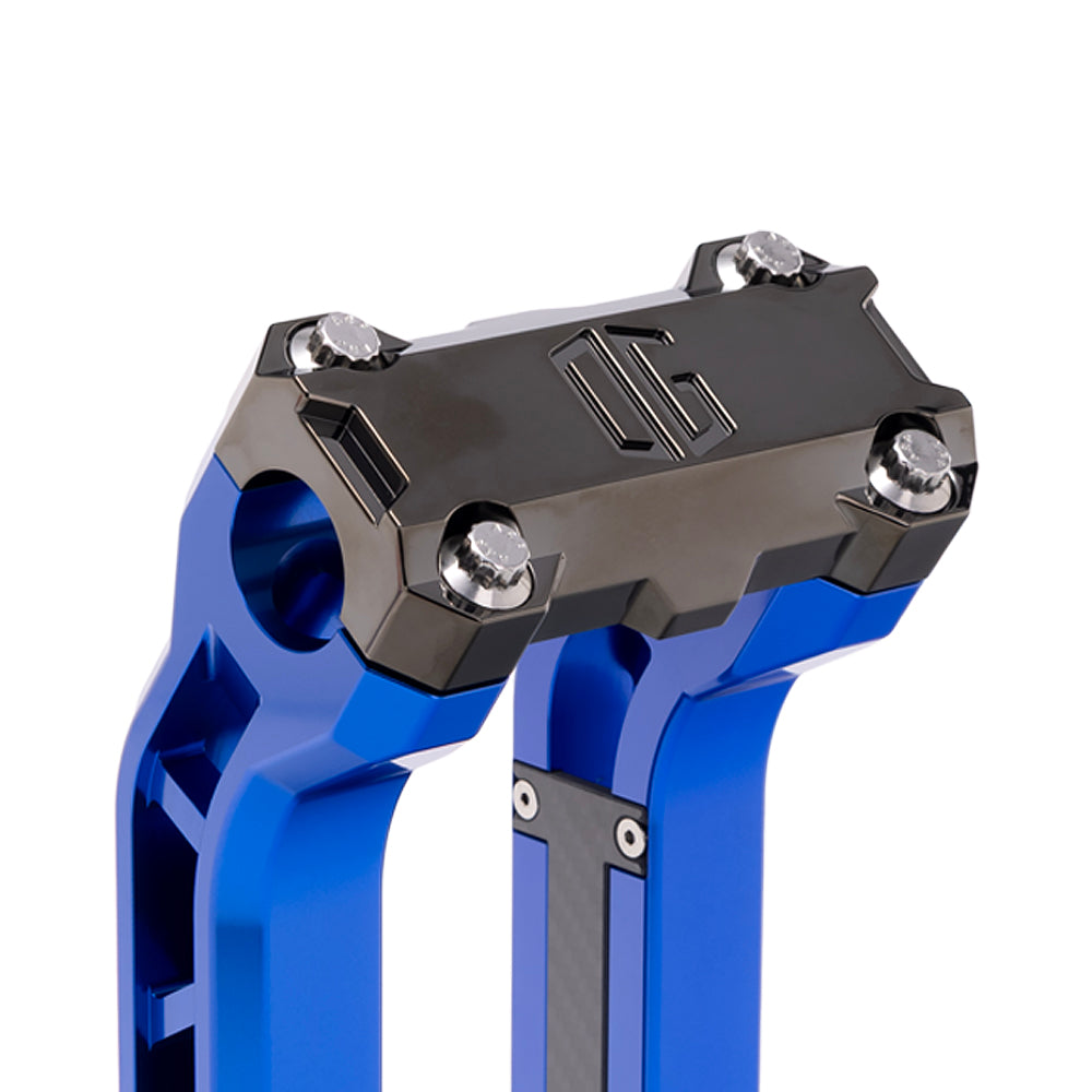 OG Black Chrome Performance Top Clamp on OG Blue Performance Riser Legs