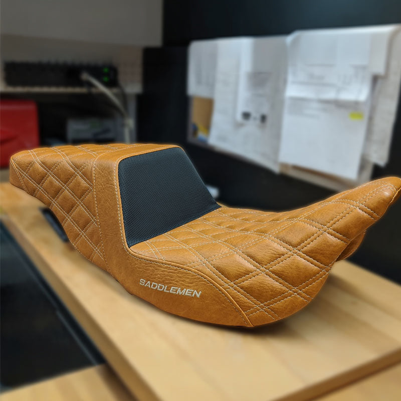 OG X Saddlemen Custom Step Up Seat for HDs Touring models Pale Brown with cream stiches and black backrest