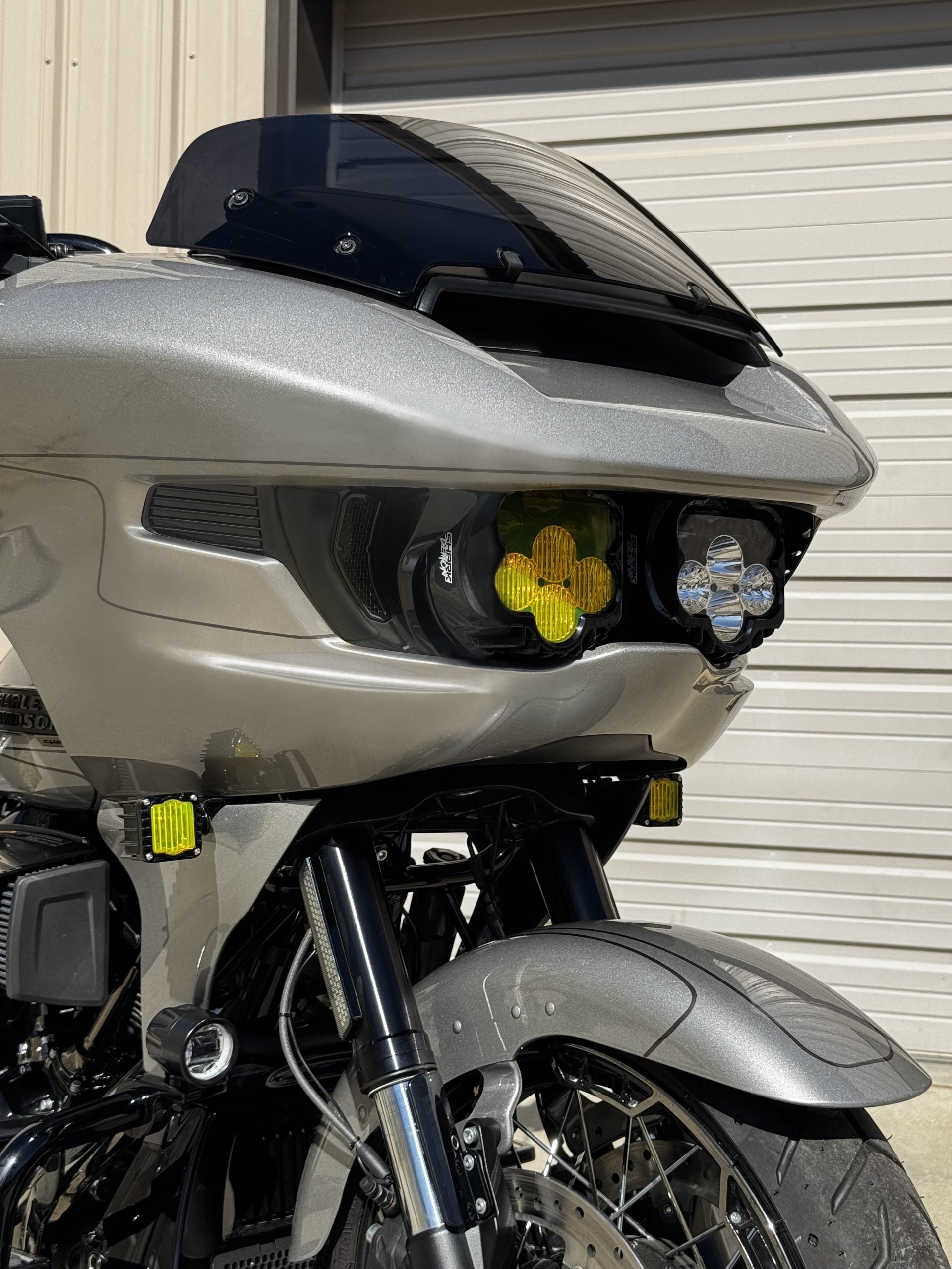 White Yellow Shark Demon® 2 Performance LED Headlight Kit for 2024-Up Road Glide installed on a 2023 FLTRXSE CVO Road Glide