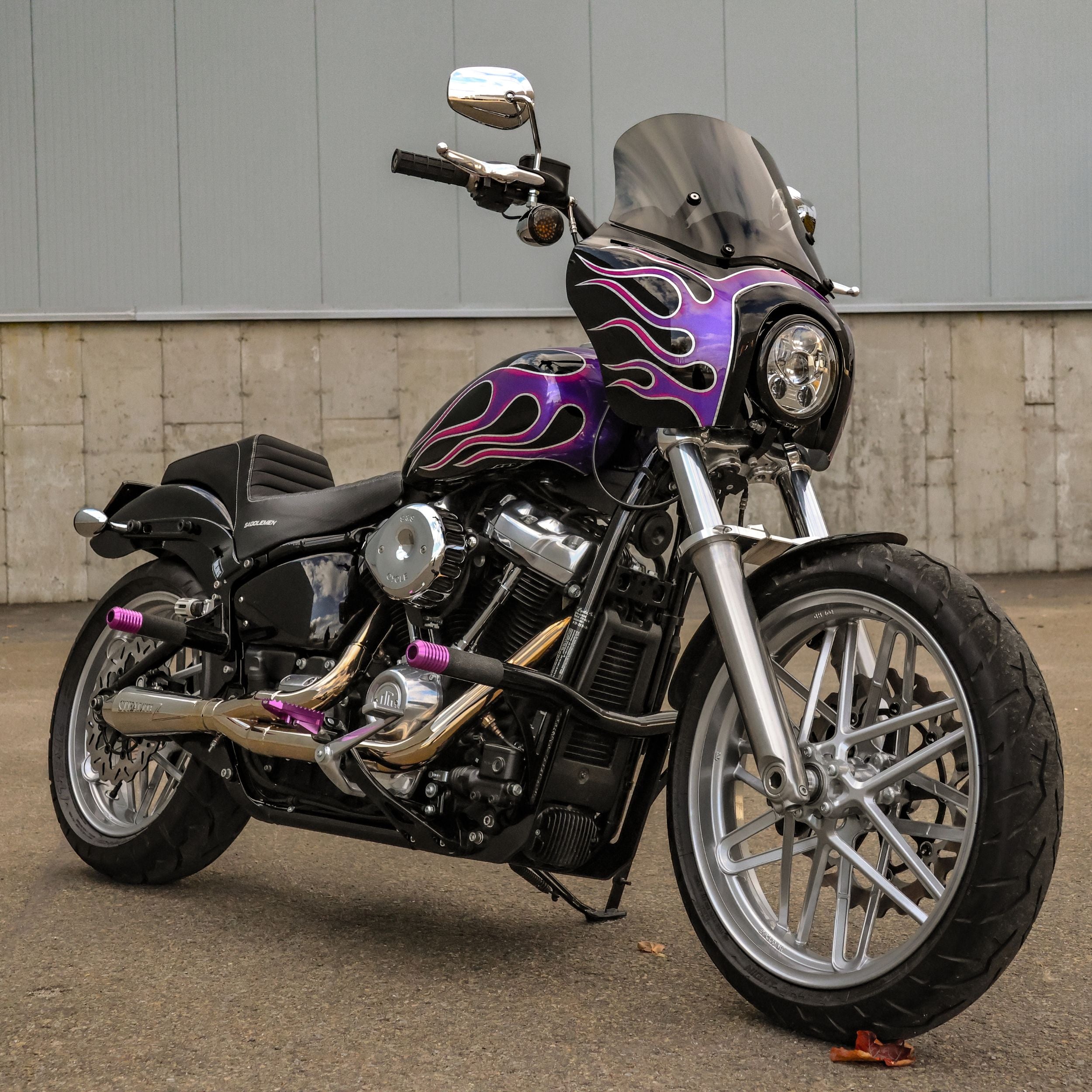 OG Black Highway Peg Crash Bar for Harley-Davidson M8 Softail with Mid Controls installed on a Harley-Davidson FXST Softail Standard 2020